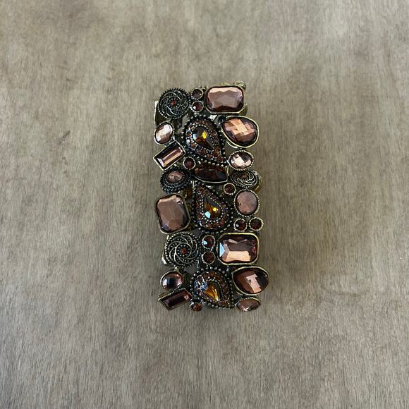 Chunky Y2K Gold & Brown toned faux gemstone elastic bracelet Glam date night - Picture 1 of 8